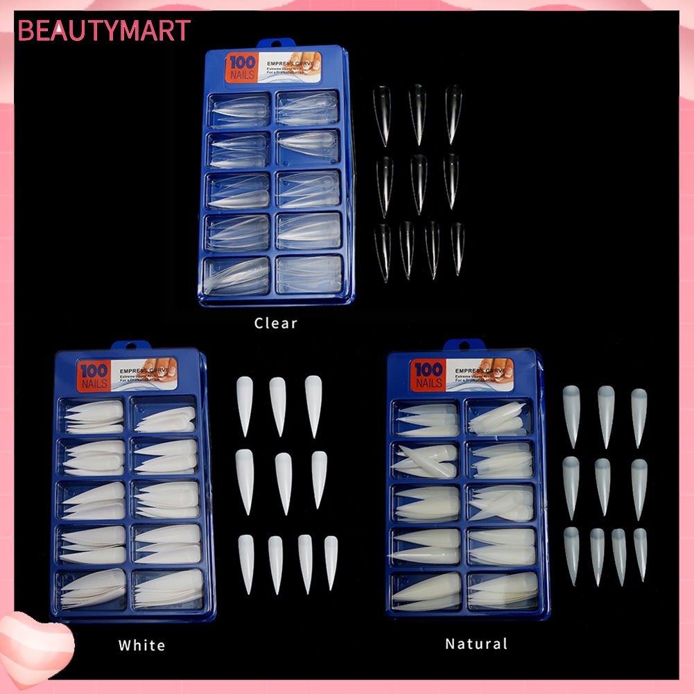 Bộ 100 Móng Tay Giả Màu Trắng / Đen Trong Suốt Hình Oval