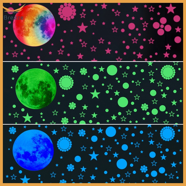 Bộ 3 Miếng Dán Tường Dạ Quang Tự Dính Hình Trăng Sao Trang Trí Phòng Bé Gái