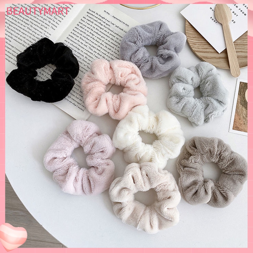 Dây Cột Tóc Màu Trơn Phủ Lông Mềm Mại Giữ Ấm Mùa Đông Cho Nữ