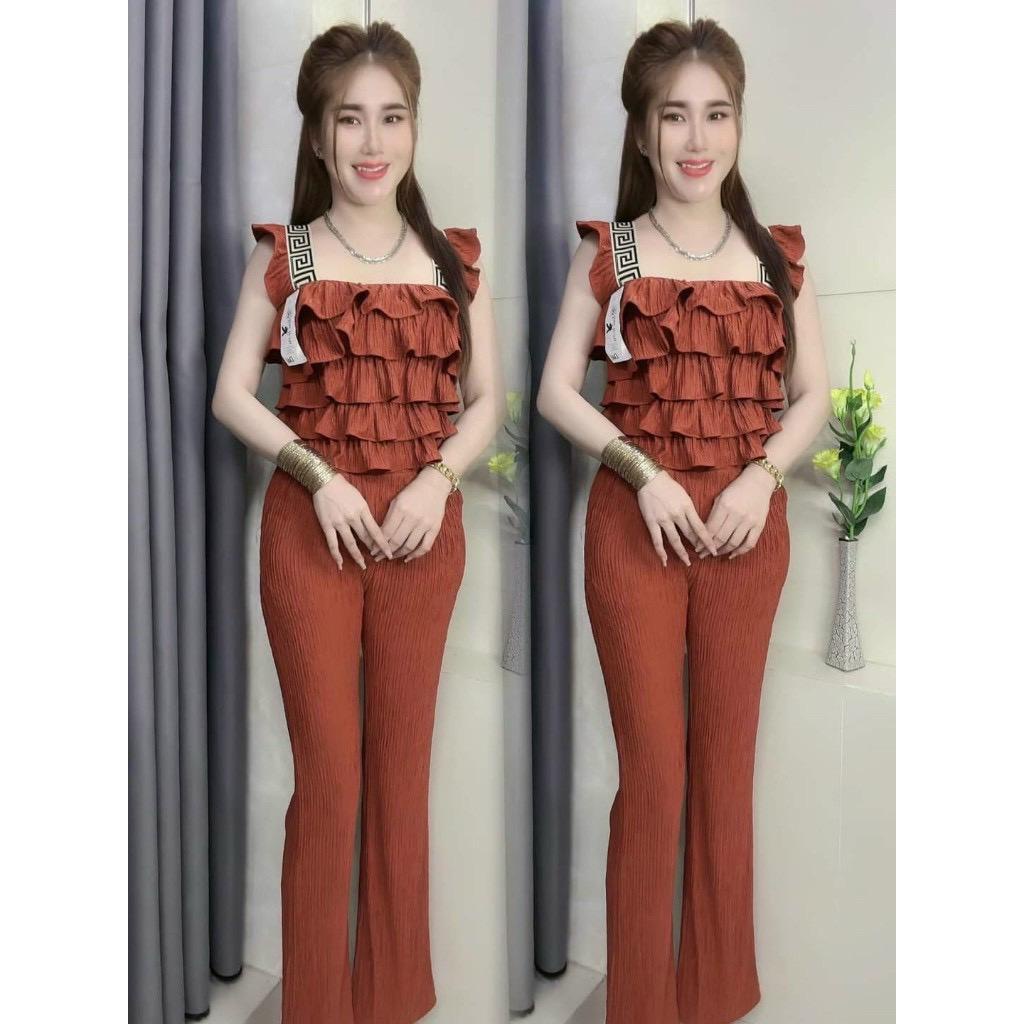 87. 1221 xét bộ quần dài ống suông , áo tay cánh tiên viền hoa văn , áo dập tầng chất thun  xốp,  áo Phong ngắn