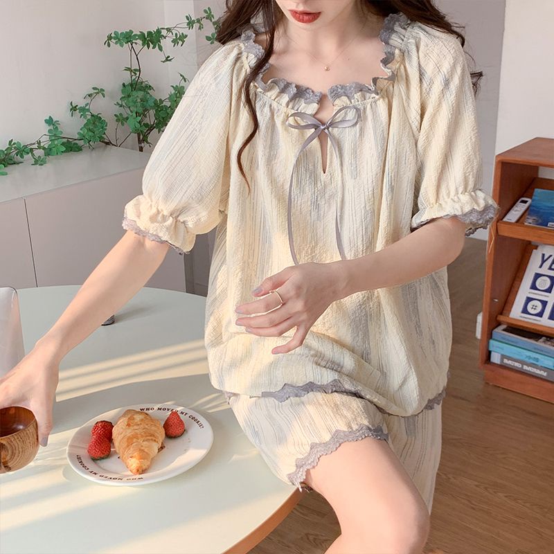 Bộ Đồ Ngủ Áo Tay Ngắn Phồng Cổ Tròn + Quần Short Vải Cotton Thời Trang Mùa Hè 2023 Mới Cho Nữ