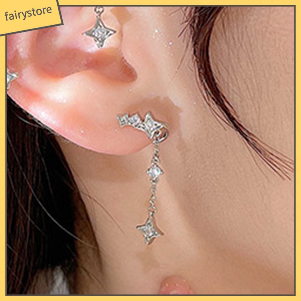 1 Đôi Bông Tai Kẹp Hình Ngôi Sao / Mặt Trăng Đính Đá Lấp Lánh