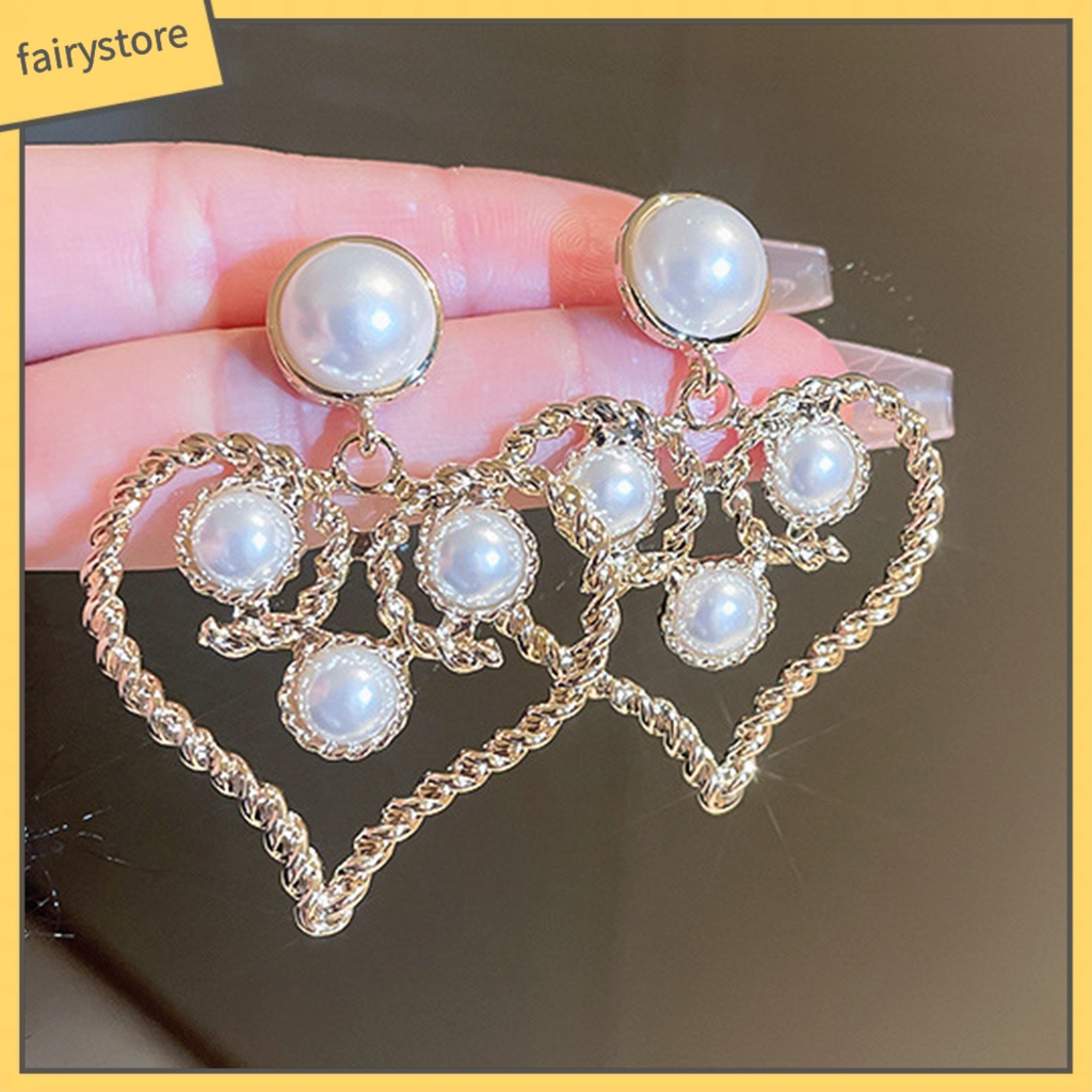 1 Đôi Bông Tai Hình Trái Tim Đính Ngọc Trai Giả Phong Cách Cung Điện