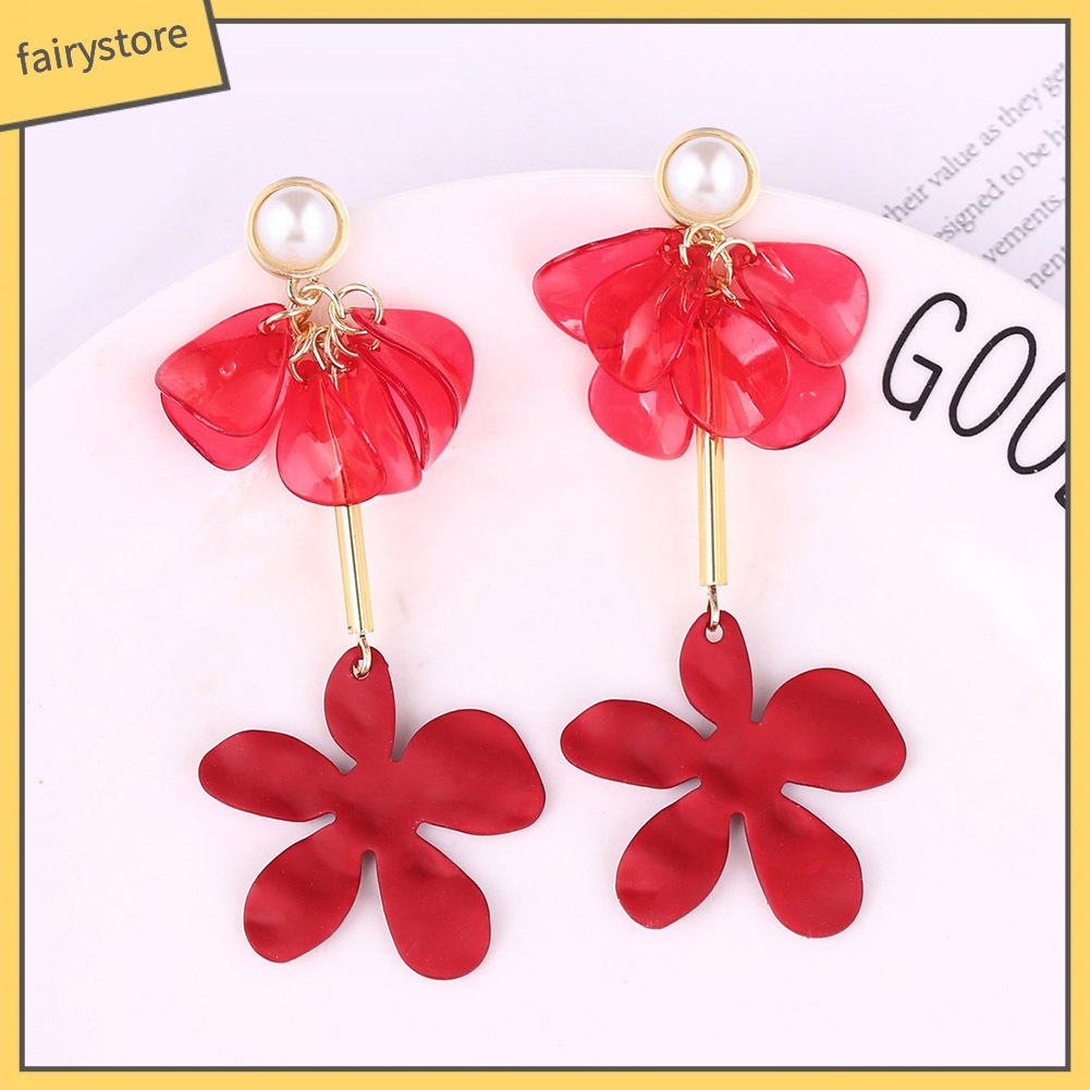 Bông Tai Dáng Dài Hình Cánh Hoa Bằng Nhựa Resin Phối Tua Rua Thanh Lịch Cho Nữ