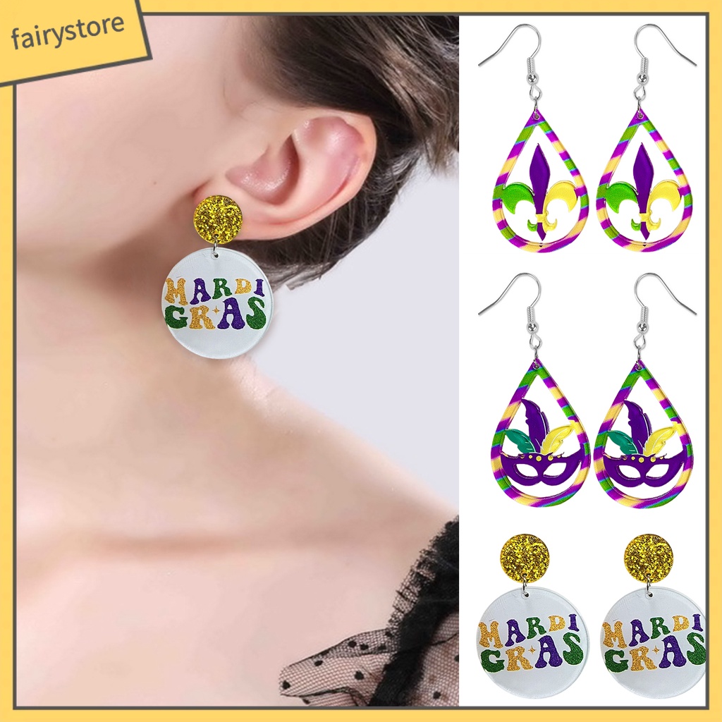 [FRO] 1 Đôi Bông Tai Móc Hình Giọt Nước Rỗng Lấp Lánh Đầy Màu Sắc Trang Trí Lễ Hội