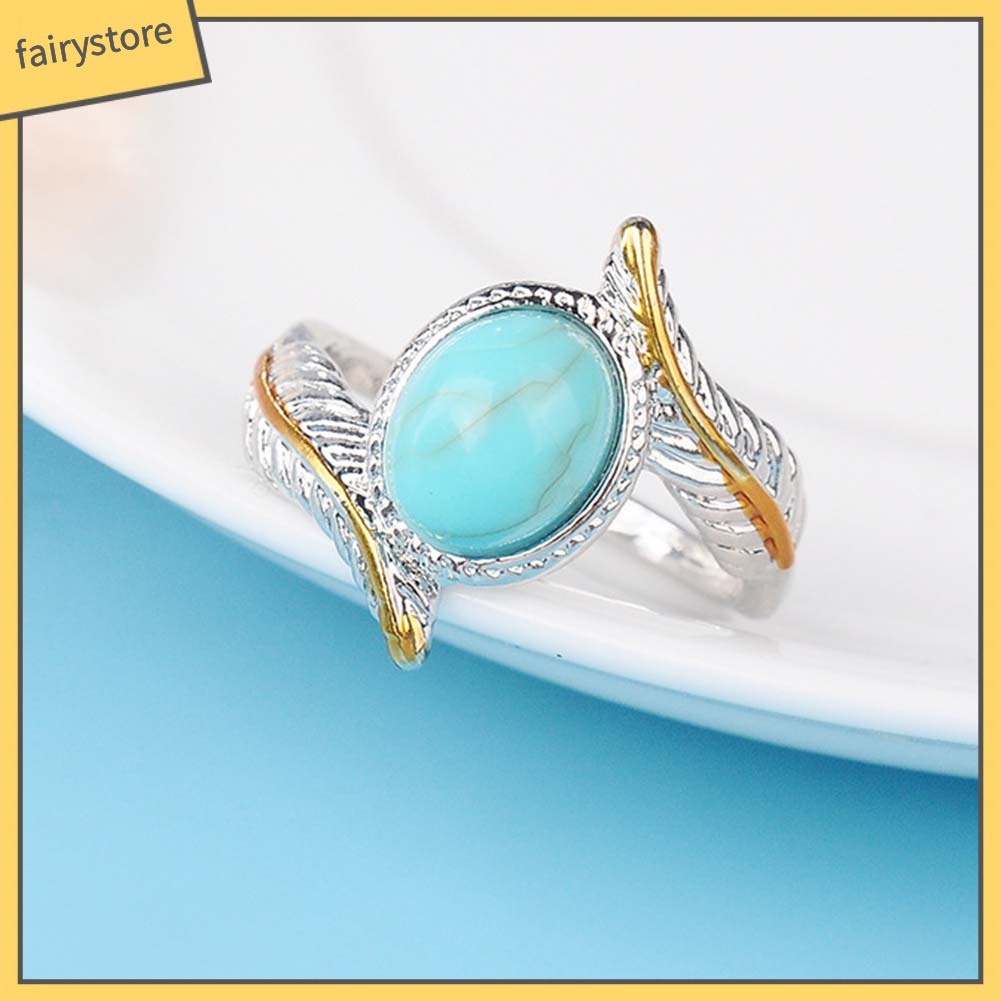 Nhẫn Đính Hôn Hai Tông Màu Đính Đá Ngọc Lam Giả Phong Cách Vintage Dành Cho Nữ