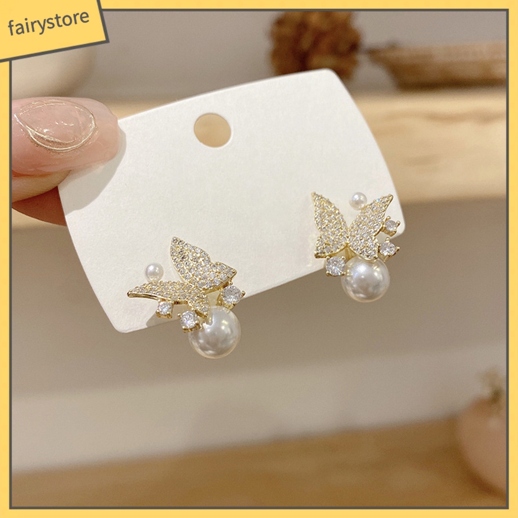 1 Đôi Bông Tai Hình Bướm Đính Ngọc Trai Giả Phong Cách Hàn Quốc Dành Cho Nữ