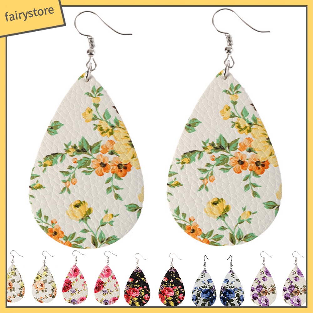 Bông Tai Giả Da Hình Giọt Nước Họa Tiết Hoa Phong Cách Boho Dành Cho Nữ