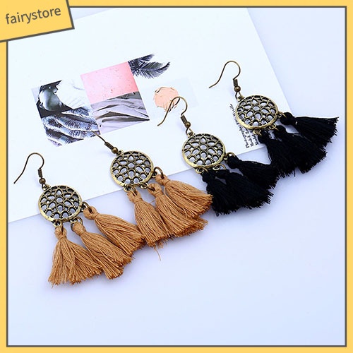 Bông Tai Dáng Dài Phối Tua Rua Phong Cách Vintage Cho Nữ