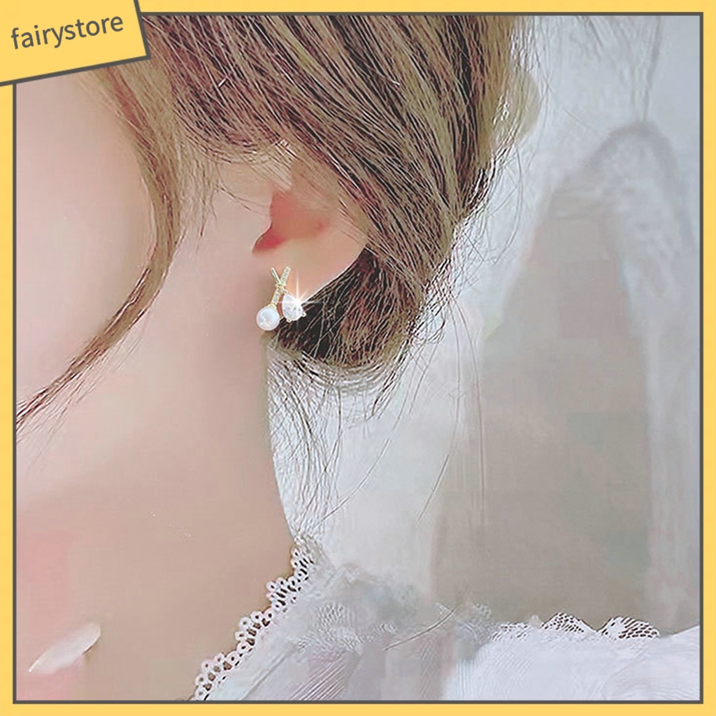 1 Đôi Bông Tai Chữ X Đính Đá Zircon Ngọc Trai Giả Lấp Lánh Phong Cách Pháp