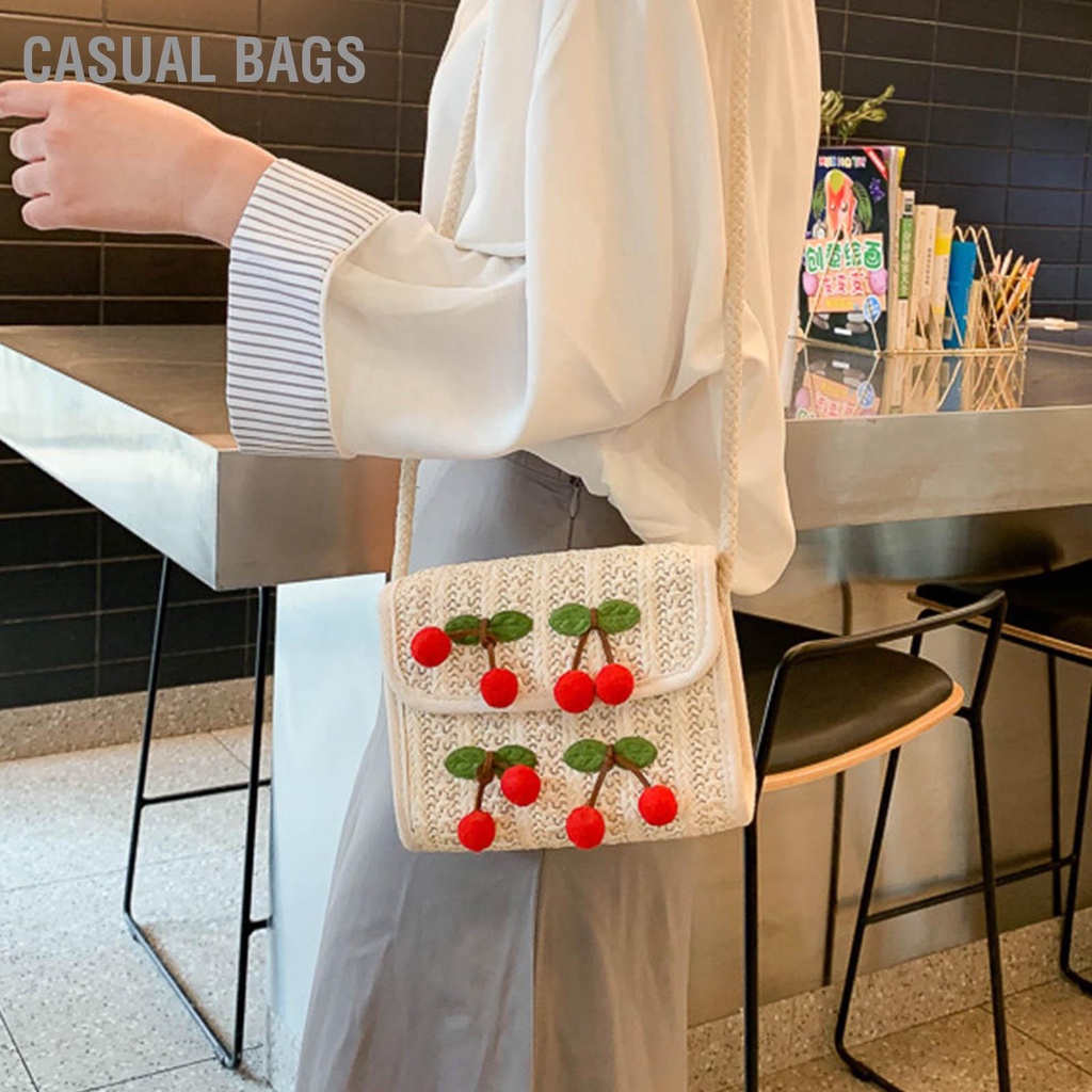Có hàng sẵn Casual Bags Phụ Nữ Ống Hút Túi Vuông Dễ Thương Đi Biển Mùa Hè Sứ Giả Đan Anh Đào Tô Điểm
