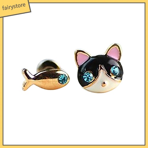 1 Đôi Bông Tai Hình Mèo Và Cá Đính Đá Thời Trang Hàn Quốc Dành Cho Nữ