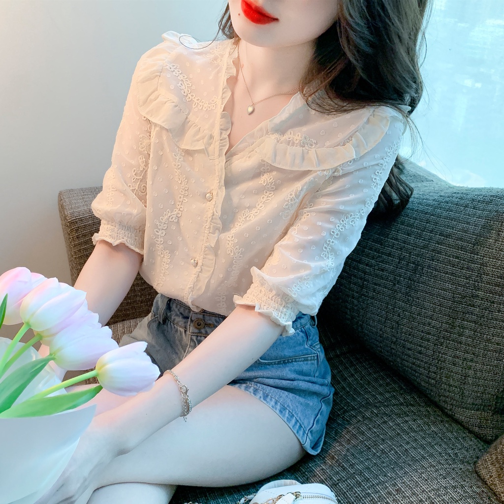 Áo Sơ Mi Chiffon Cổ Chữ V Phối Bèo Thời Trang Mùa Hè 2023 Phong Cách Mới