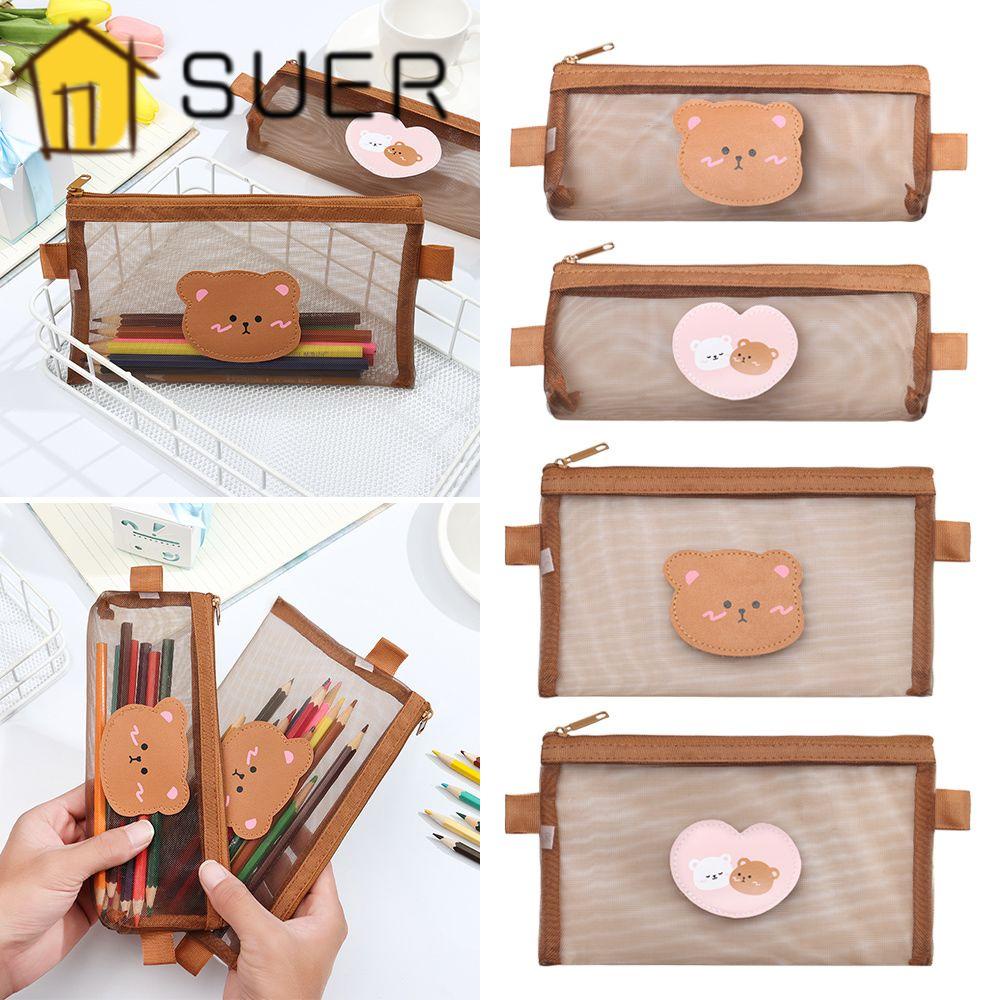 Túi Đựng Bút Dạng Lưới Cỡ Lớn Họa Tiết Gấu Nâu Dễ Thương