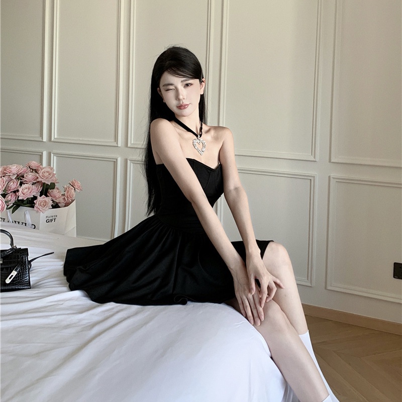 Đầm Ngắn Hai Dây Màu Đen Phong Cách Pháp Thời Trang Mùa Hè Xinh Xắn Cho Nữ