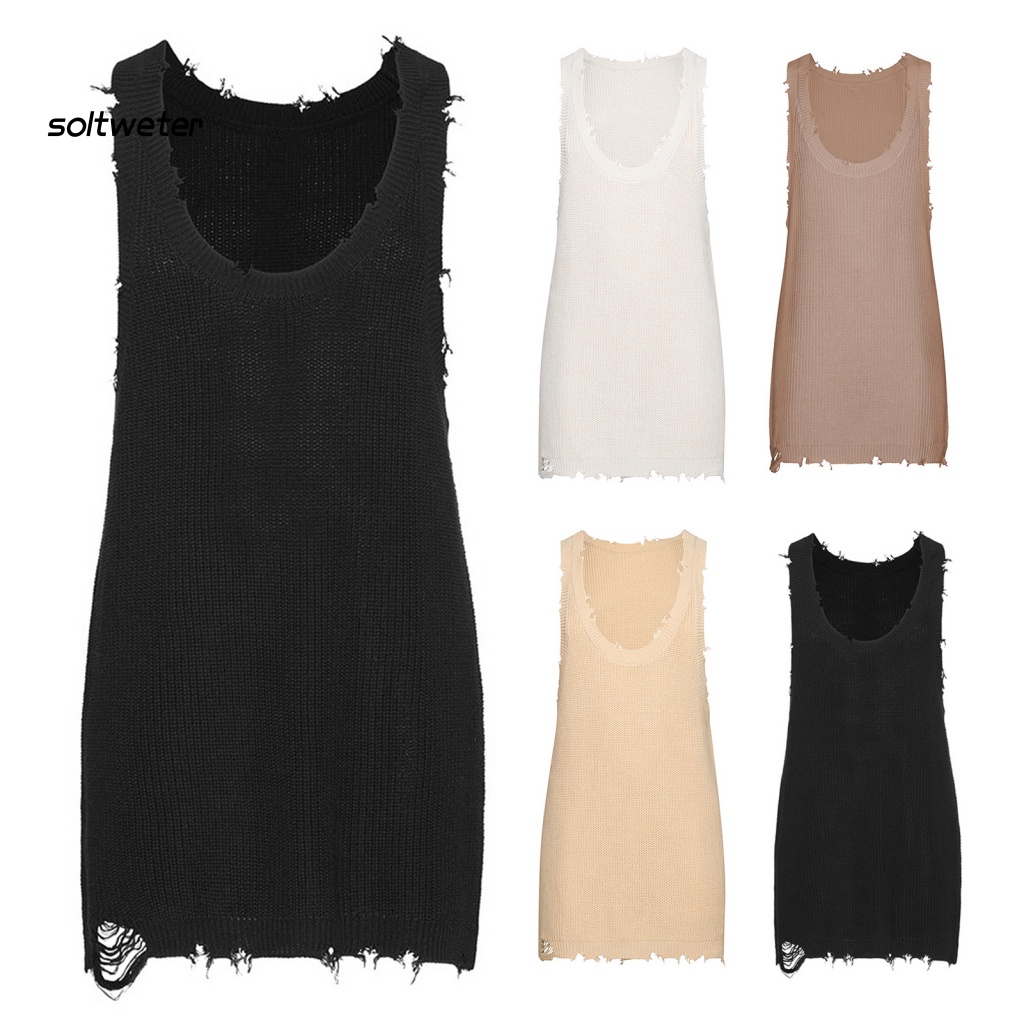 Áo Ba Lỗ Dệt Kim Màu Trơn Cổ Tròn Dáng Rộng Rách Gối Phong Cách Vintage Mùa Hè Cho Nam