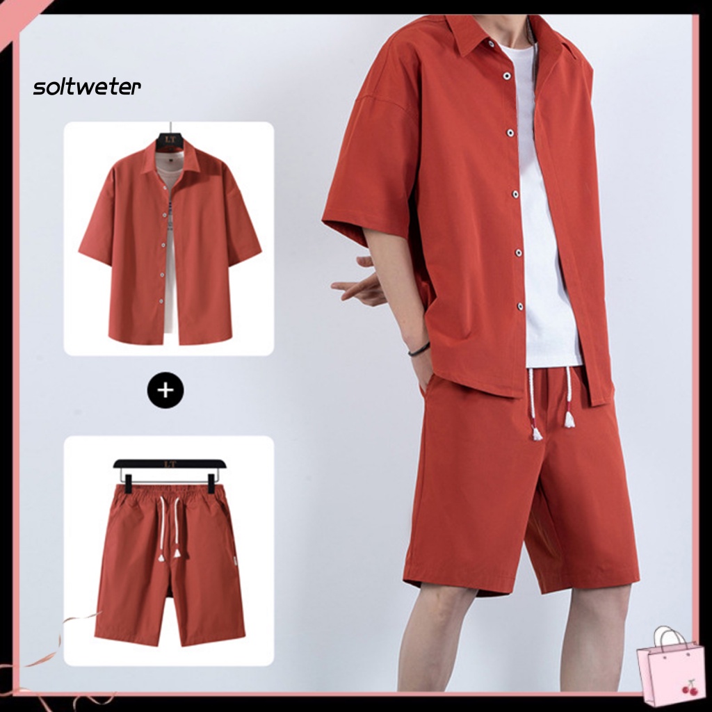 1 Bộ Áo Sơ Mi Màu Trơn Dáng Rộng + Quần Short Phong Cách Thể Thao Thời Trang Mùa Hè Cho Nam