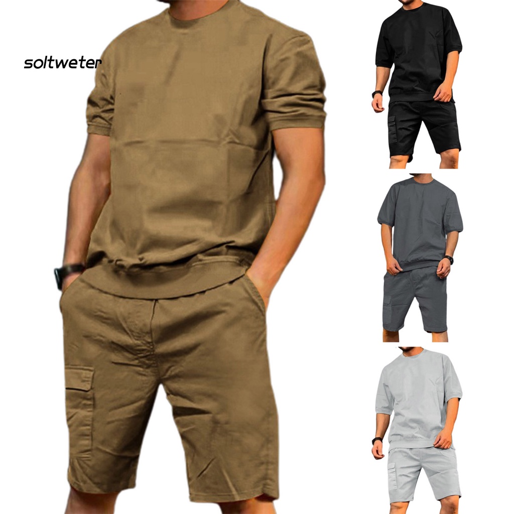 1 Bộ Đồ Thể Thao Áo Tay Ngắn Cổ Tròn Màu Trơn Phối Quần Lưng Thun Có Túi Thời Trang Cho Nam