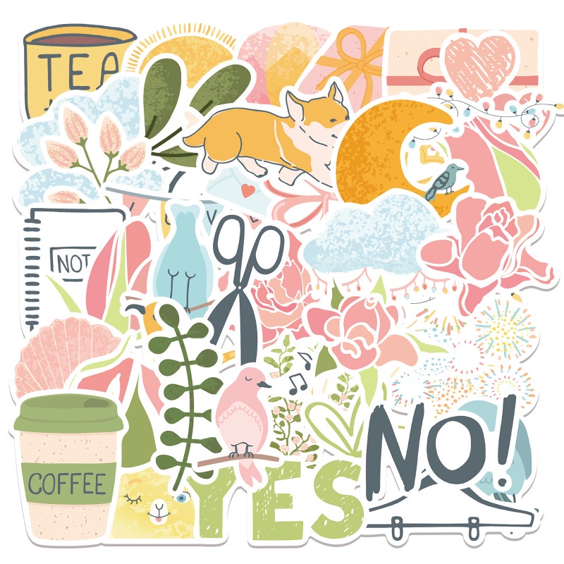 Bộ 49 Miếng Dán Họa Tiết Hoa Hướng Dương / Chim Hoạt Hình Trang Trí Sổ Tay Diy