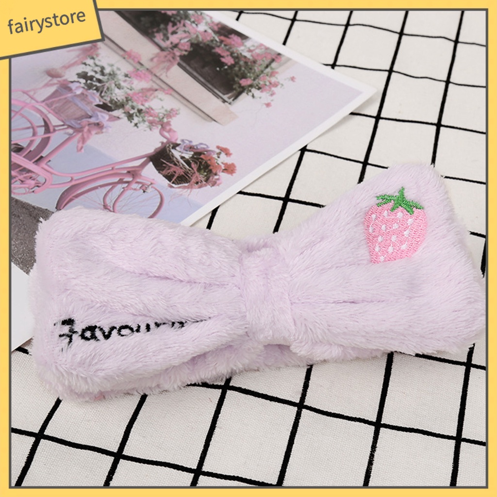 Băng Đô Cài Tóc Rửa Mặt Giữ Ấm Bản Rộng Thêu Hình Dâu Tây Phong Cách Hàn Quốc Cho Nữ