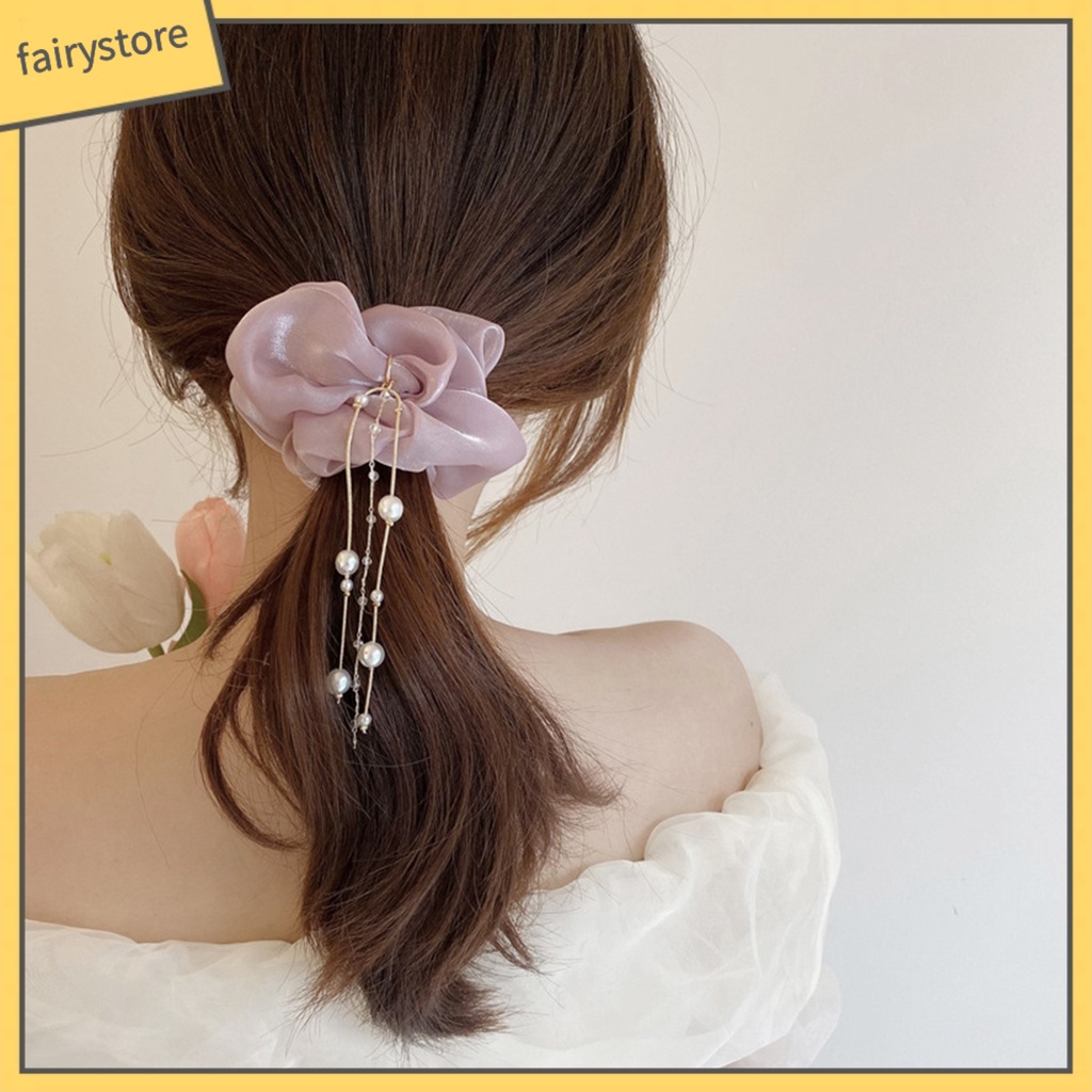 Dây Cột Tóc Satin Co Giãn Đính Ngọc Trai Giả Màu Trơn Sáng Bóng Thanh Lịch Cho Nữ