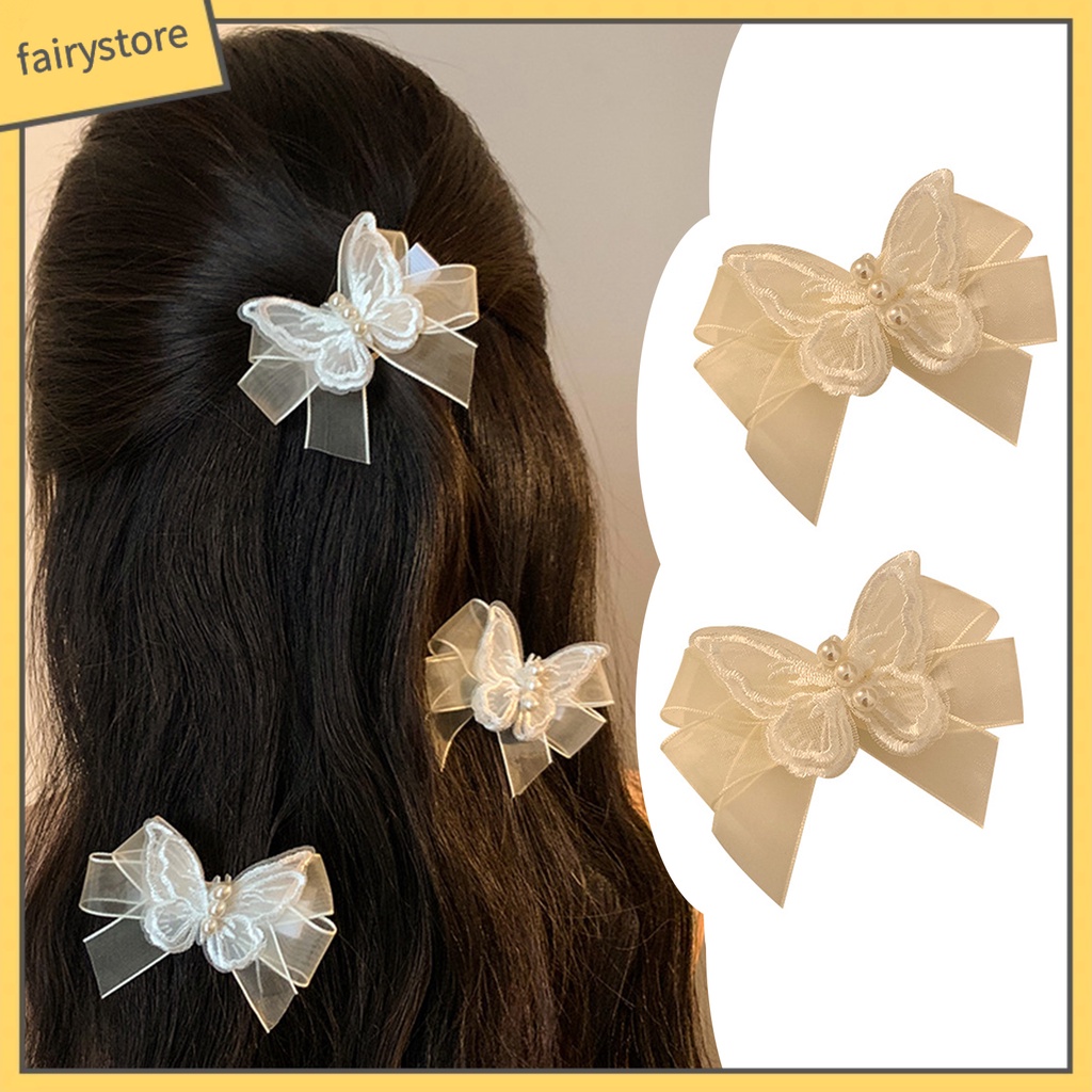 1 Cặp Kẹp Tóc Ba Lớp Hình Bướm Đính Ngọc Trai Giả Gọn Nhẹ Chống Trượt