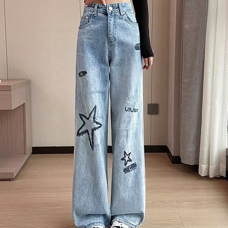 Quần Jeans Nữ Dài Lưng Cao Ống Rộng Thời Trang Hàn