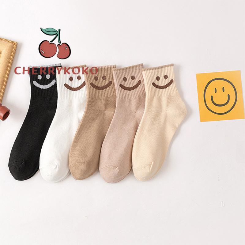 🍒🍒CHERRYKOKO Đôi Tất Cotton Dày Hoạ Tiết Mặt Cười Xinh Xắn Cho Nữ