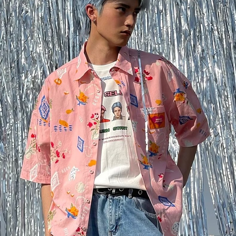 Áo Sơ Mi Cotton Ngắn Tay Dáng Rộng In Họa Tiết Graffiti Cá Tính Theo Phong Cách Retro
