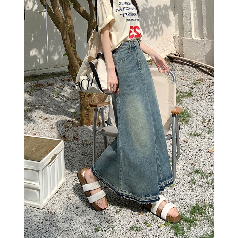 COZOK Váy denim Lưng Cao Dáng Dài Form Ôm Theo Phong Cách retro