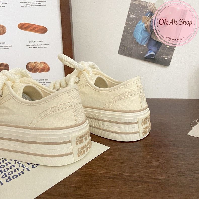 🍓  Giày Nữ Đi Học Giày Vải Đế Cao Màu Be Phong Cách Hàn Quốc