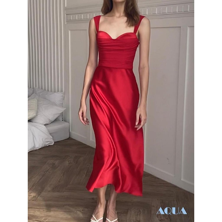 Đầm Hai Dây Dáng Dài Cổ Chữ V Màu Trơn Thời Trang Mùa Hè Cho Nữ