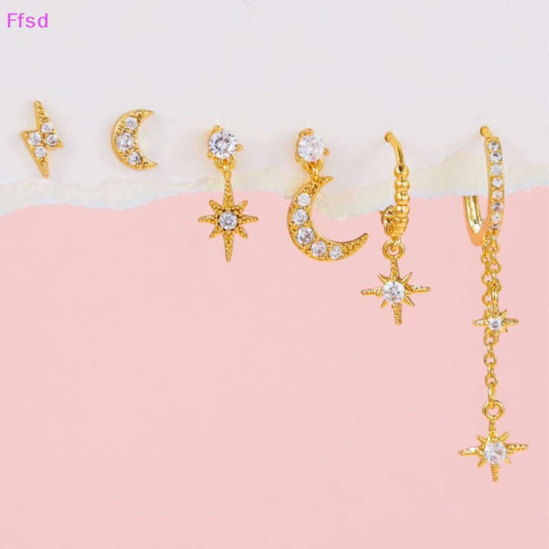 {Ffsd} Bộ 6 Bông Tai Xỏ Lỗ Đính Đá Zircon Pha Lê Hình Mặt Trăng Ngôi Sao Màu Vàng Cho Nữ