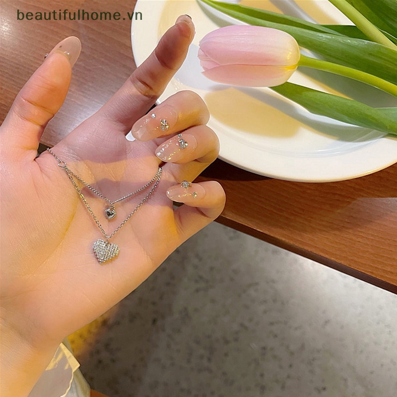 Vòng Cổ Choker Hai Lớp Mặt Trái Tim Đính Đá Thanh Lịch Thời Trang Phong Cách Hàn Quốc Dành Cho Nữ [beauty]