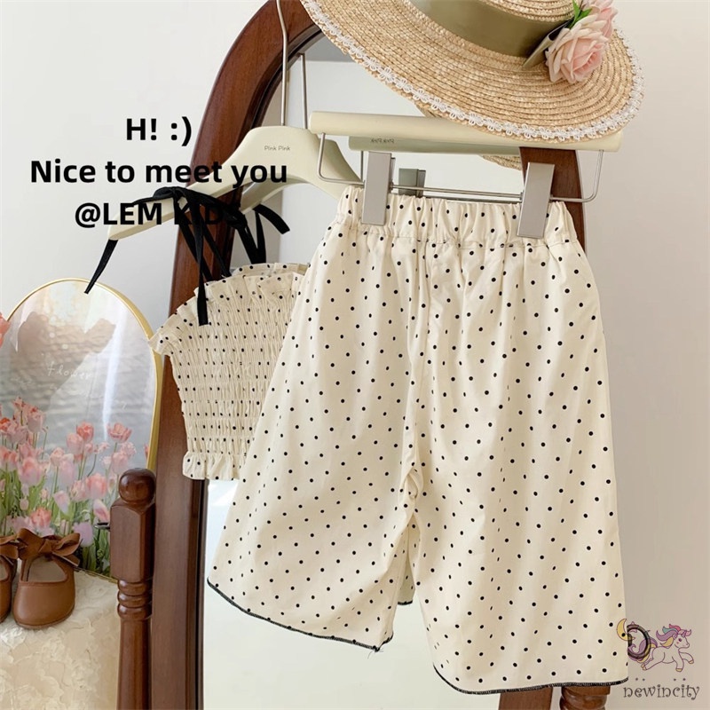 Bộ Áo Hai Dây Chấm Bi + Quần Dài Lưng Thun Ống Rộng Thời Trang Mùa Hè Hàn Quốc Cho Bé Gái