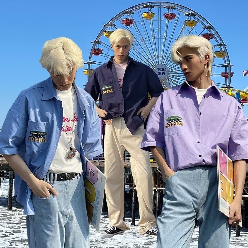 Áo Thun Tay Ngắn Dáng Rộng Ba Màu Sắc Retro Mỹ Mùa Hè