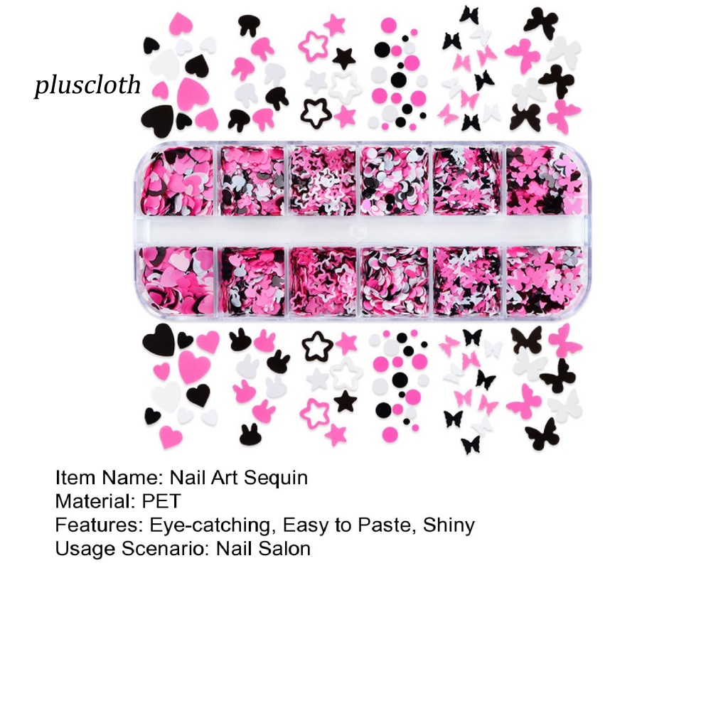 1 Hộp 12 Ngăn Đựng Hạt Kim Sa Tròn / Bướm / Ngôi Sao / Trái Tim Trang Trí Móng Tay Nghệ Thuật