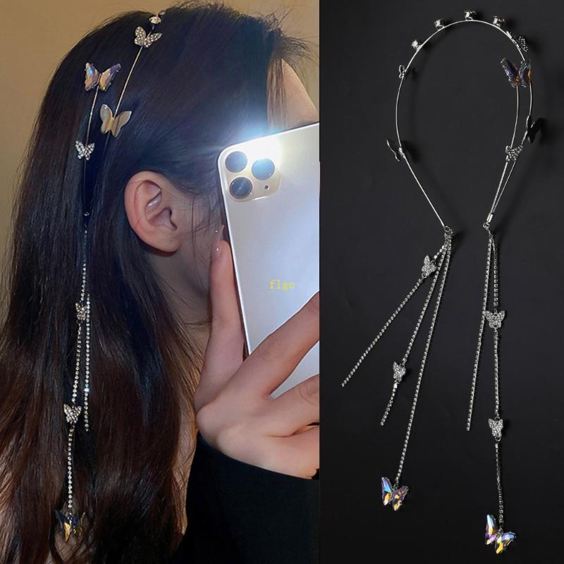 Cài Tóc Hình Bướm Đính Đá Lấp Lánh Phối Tua Rua Dài Dễ Thương Cho Bé Gái