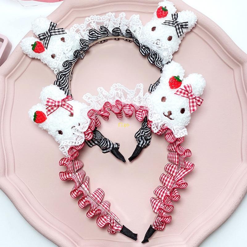 Băng Đô Tai Thỏ Phối Lông Xù Sọc Ca Rô Phong Cách Lolita Dành Cho Nữ