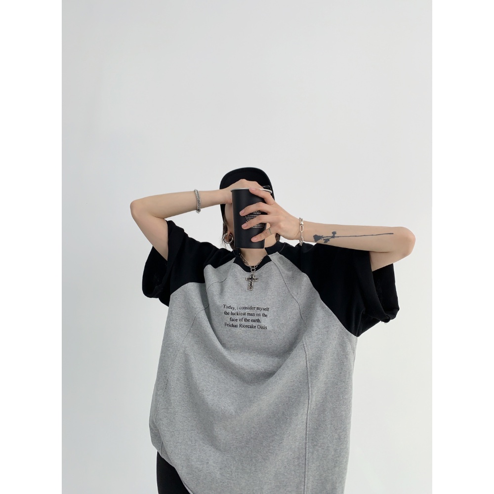 Áo Thun Raglan Tay Ngắn Dáng Rộng Màu Sắc Tương Phản Phong Cách Retro Dành Cho Nữ