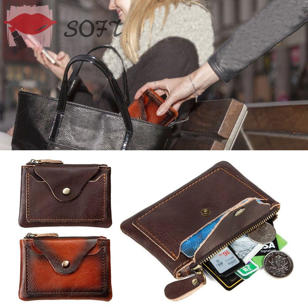 Ví Da Mềm Có Khóa Kéo Đựng Tiền Xu Màu Nâu Dành Cho Nam Nữ