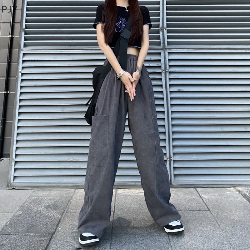 Quần ống rộng Màu Đen Phối Túi Lớn Phong Cách Đường Phố Nhật Hàn Cá Tính