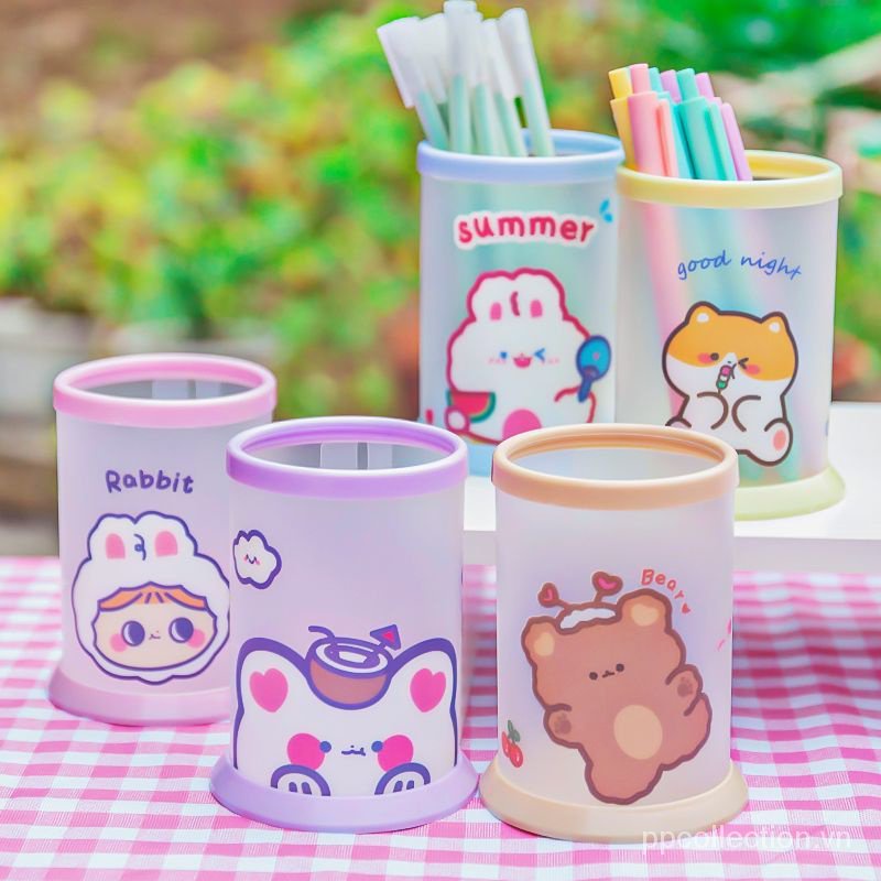Hộp Đựng Bút Hình Tròn Họa Tiết Hoạt Hình Xinh Xắn Giá Đỡ