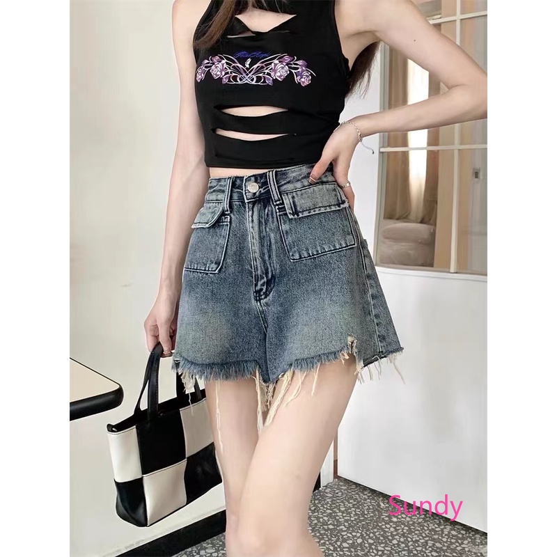 Quần Short Jean Nữ Lưng Cao Viền Lông Thời Trang