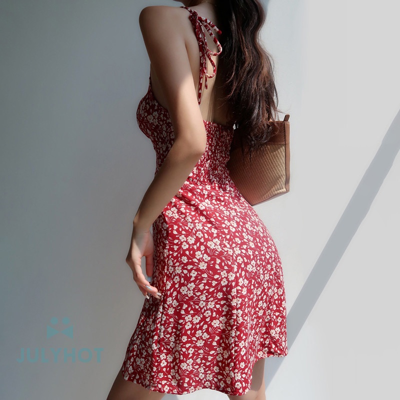 Mùa Hè Mát Mẻ Hoa In Váy Phụ Nữ Voan Spaghetti Dây Đeo Váy Bãi Biển Backless Dresses VN