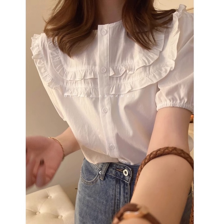 Áo Kiểu Tay Phồng Ngắn Màu Sắc Đơn Giản Thời Trang Mùa Hè Phong Cách Pháp