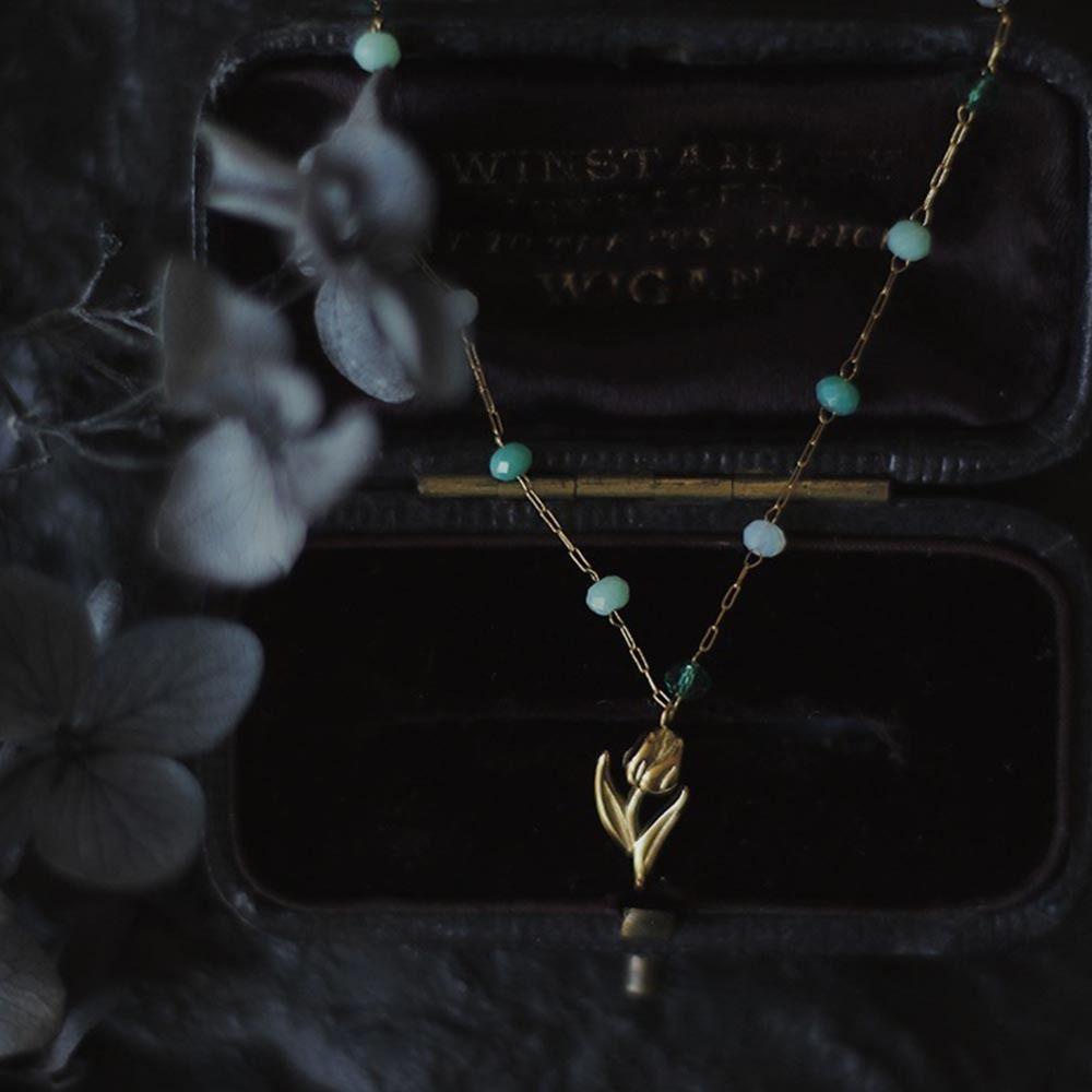 Vòng Cổ Hoa Tulip 26EDIE Kết Hợp Hạt Màu Xanh Lá|Dây Chuyền Dạng Chuỗi Hình Học Dành Cho Nữ