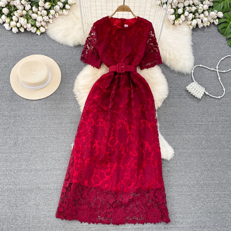 Đầm Maxi Tay Ngắn Cổ Tròn Phối Ren Hoa Phong Cách Vintage Thanh Lịch Chất Lượng Cao