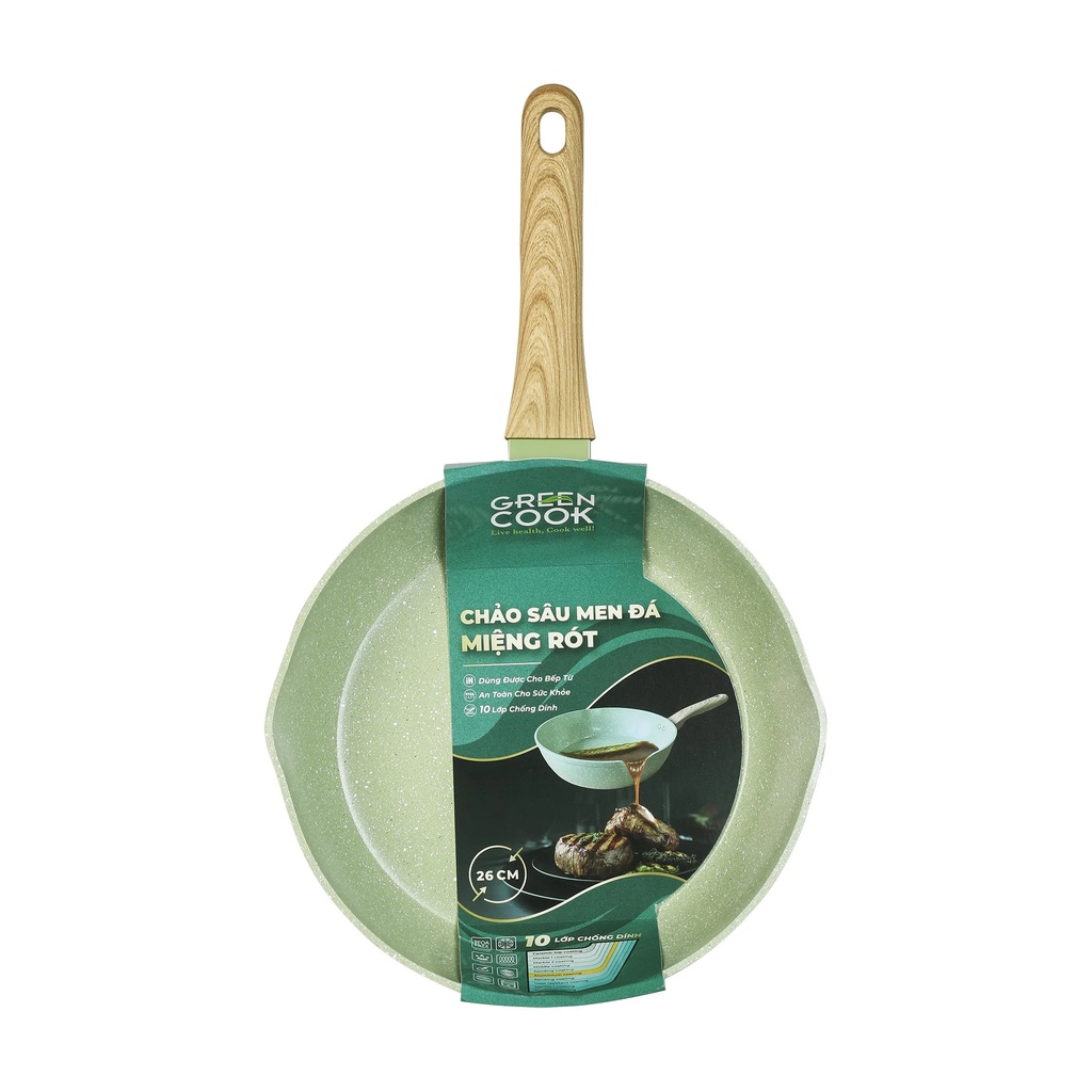 Chảo chống dính men đá có miệng rót Greencook GCP231-24IH nhiều size, dùng được trên bếp gas, bếp hồng ngoại, bếp từ