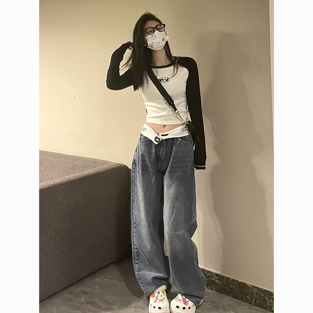 Quần Jean Nữ Ống Rộng Lưng Cao Phong Cách Retro Mỹ
